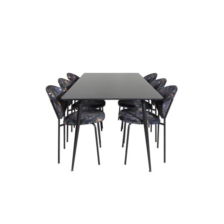 Silar Dining Table - 180 cm - Black Melamine / Black Legs, Vault Dining Chair - Black legs - Black Flower printed fabric_6