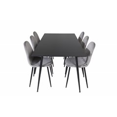 Silar Dining Table - 180 cm - Black Melamine / Black Legs, Polar Dining Chair - Black legs / Light Grey Velvet (ersätter 19902-8