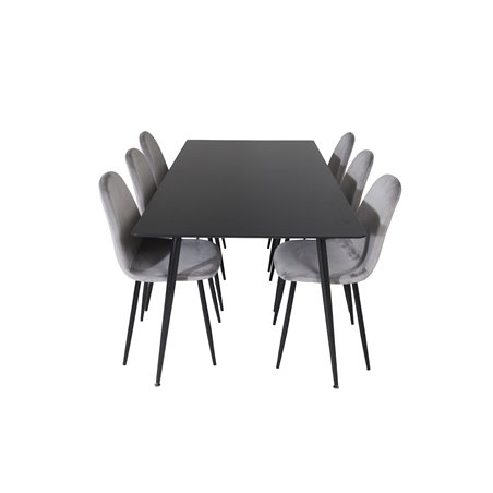 Silar Dining Table - 180 cm - Black Melamine / Black Legs, Polar Dining Chair - Black legs / Light Grey Velvet (ersätter 19902-8