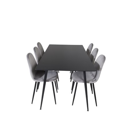 Silar Dining Table - 180 cm - Black Melamine / Black Legs, Polar Dining Chair - Black legs / Light Grey Velvet (ersätter 19902-8