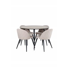 Silar Dining Table - Round 100 cm - "Wood Look" Melamine / Black Legs+Velvet Stitches Chair - Black / Beige Fabric (Polyester li