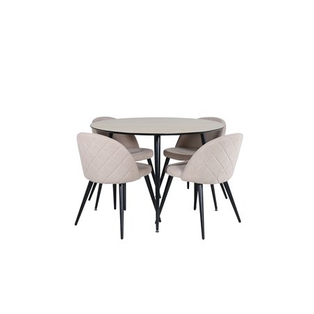 Silar Dining Table - Round 100 cm - "Wood Look" Melamine / Black Legs+Velvet Stitches Chair - Black / Beige Fabric (Polyester li