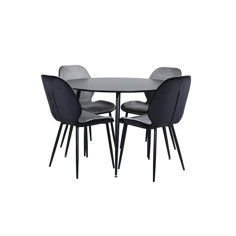 Silar Dining Table - Round 100 cm - Black Melamine / Black Legs+Emma Chair - Black / Black and Light Grey Black Velvet in Back G