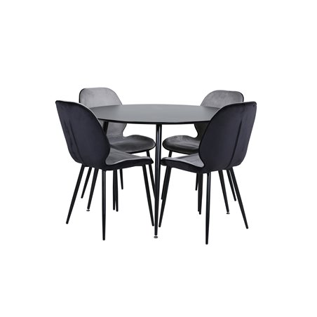 Silar Dining Table - Round 100 cm - Black Melamine / Black Legs+Emma Chair - Black / Black and Light Grey Black Velvet in Back G