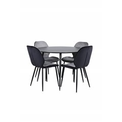 Silar Dining Table - Round 100 cm - Black Melamine / Black Legs+Emma Chair - Black / Black and Light Grey Black Velvet in Back G