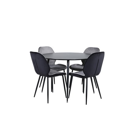 Silar Dining Table - Round 100 cm - Black Melamine / Black Legs+Emma Chair - Black / Black and Light Grey Black Velvet in Back G