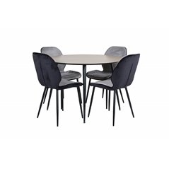 Silar Dining Table - Round 100 cm - "Wood Look" Melamine / Black Legs+Emma Chair - Black / Black and Light Grey Black Velvet in 