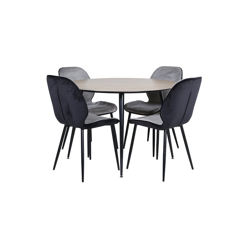 Silar Dining Table - Round 100 cm - "Wood Look" Melamine / Black Legs+Emma Chair - Black / Black and Light Grey Black Velvet in 