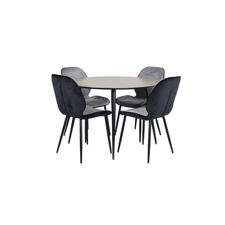 Silar Dining Table - Round 100 cm - "Wood Look" Melamine / Black Legs+Emma Chair - Black / Black and Light Grey Black Velvet in 