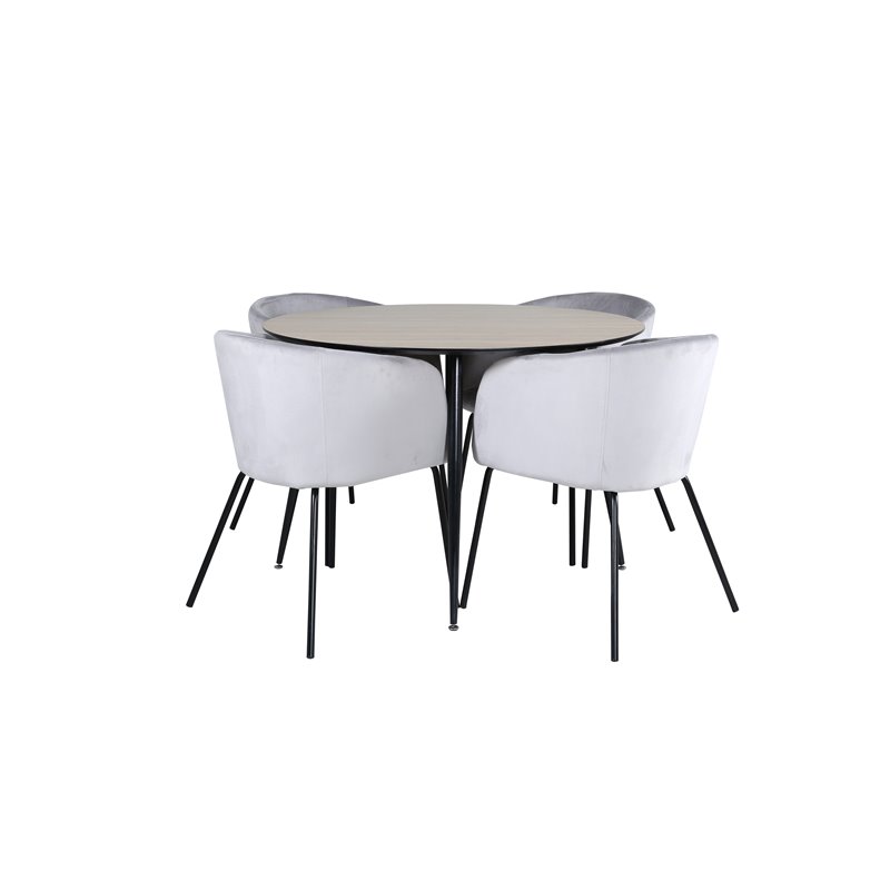 Silar ruokapöytä - pyöreä 100 cm - "Wood Look" Melamiini / mustat jalat + Berit tuoli - musta / vaaleanharmaa Velvet_4