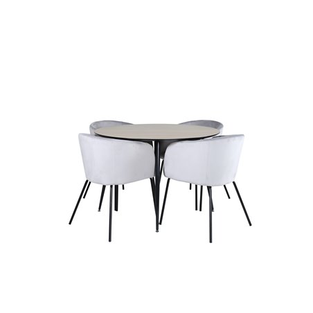 Silar ruokapöytä - pyöreä 100 cm - "Wood Look" Melamiini / mustat jalat + Berit tuoli - musta / vaaleanharmaa Velvet_4