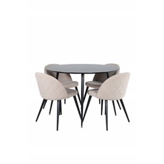 Silar Dining Table - Round 100 cm - Black Melamine / Black Legs+Velvet Stitches Chair - Black / Beige Fabric (Polyester linen )_