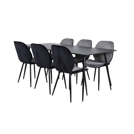 Silar Dining Table - 180 cm - Black Melamine / Black Legs+Emma Chair - Black / Black and Light Grey Black Velvet in Back Grey Ve