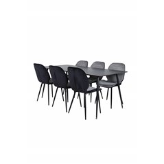 Silar Dining Table - 180 cm - Black Melamine / Black Legs+Emma Chair - Black / Black and Light Grey Black Velvet in Back Grey Ve