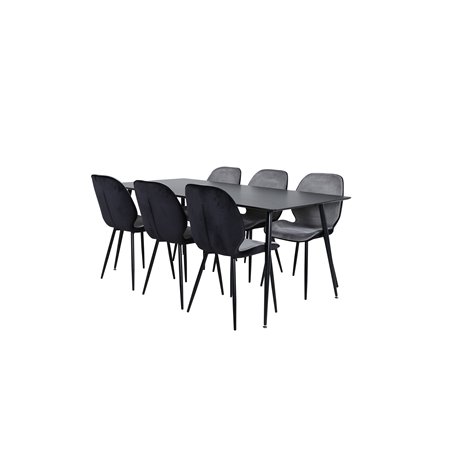 Silar Dining Table - 180 cm - Black Melamine / Black Legs+Emma Chair - Black / Black and Light Grey Black Velvet in Back Grey Ve