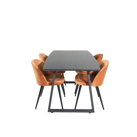 Inca forlængerbord - Sort top / sorte ben, Spisebordsstol i fløjl - Orange / Sort_4