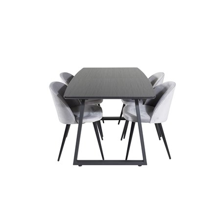 Inca Extentiontable - Black top / black Legs, Velvet Dining Chair - Light Grey / Black_4