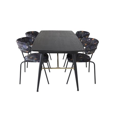 Gold Extention table - 180/220*85*H76 Black Veneer - Black legs - Brass details, Arrow armchair - Black Legs - Black Flower prin