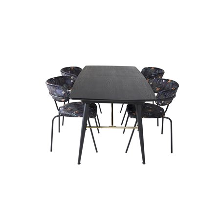 Gold Extention table - 180/220*85*H76 Black Veneer - Black legs - Brass details, Arrow armchair - Black Legs - Black Flower prin