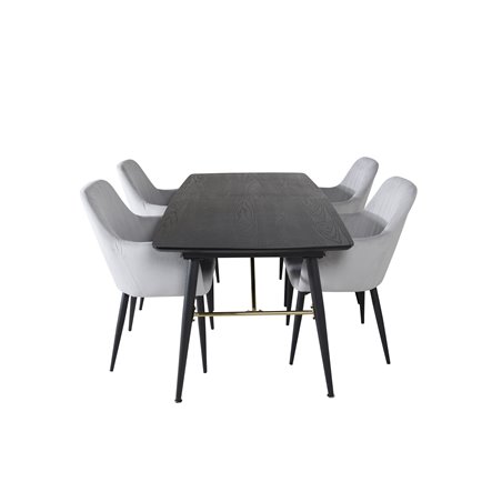 Kultainen jatkopöytä - 180/220 * 85 * H76 musta viilu - Mustat jalat - Messinkiyksityiskohdat, Comfort-ruokailutuoli - harmaa / 