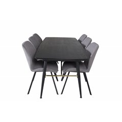 Gold Extention table - 180/220*85*H76 Black Veneer - Black legs - Brass details, Gemma Dining Chair - Black Legs - Grey Fabric_6