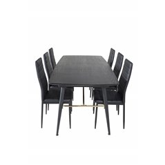 Guld Udtræksbord - 180/220 * 85 * H76 Sort Finer - Sorte ben - Messingdetaljer, Slank spisebordsstol med høj ryg - Sorte ben - S