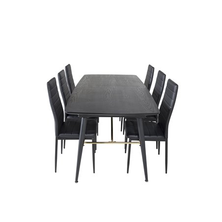 Kultainen jatkopöytä - 180/220 * 85 * H76 musta viilu - mustat jalat - messinkiyksityiskohdat, ohut korkeaselkäinen ruokatuoli -