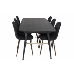 Gold Extention table - 180/220*85*H76 Black Veneer - Black legs - Brass details, Polar Dining Chair - Walnut Legs - Black Fabric