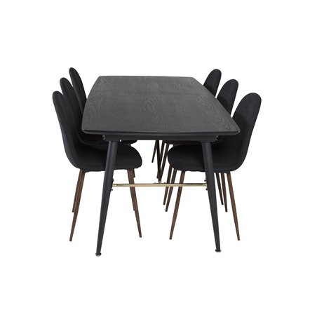 Gold Extention table - 180/220*85*H76 Black Veneer - Black legs - Brass details, Polar Dining Chair - Walnut Legs - Black Fabric