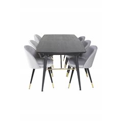 Gold Extention table - 180/220*85*H76 Black Veneer - Black legs - Brass details, Velvet Dining Chair Brass - Light Grey / Black_