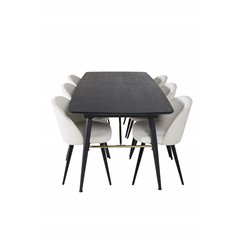 Gold Extention table - 180/220*85*H76 Black Veneer - Black legs - Brass details, Velvet Dining Chair Corduroy - Beige / Black_6