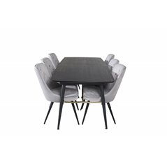 Gold Extention table - 180/220*85*H76 Black Veneer - Black legs - Brass details, Velvet Deluxe Dining Chair - Light Grey / Black