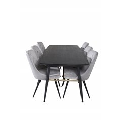 Gold Extention table - 180/220*85*H76 Black Veneer - Black legs - Brass details, Velvet Deluxe Dining Chair - Light Grey / Black