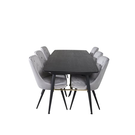 Gold Extention table - 180/220*85*H76 Black Veneer - Black legs - Brass details, Velvet Deluxe Dining Chair - Light Grey / Black