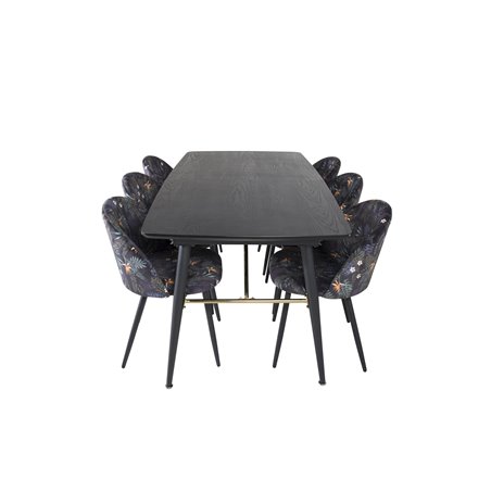 Gold Extention table - 180/220*85*H76 Black Veneer - Black legs - Brass details, Velvet Dining Chair - Black Flower fabric_6