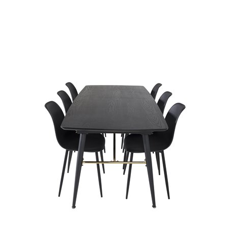 Gold Extention table - 180/220*85*H76 Black Veneer - Black legs - Brass details, Polar Plastic Dining Chair - Black Legs / Black
