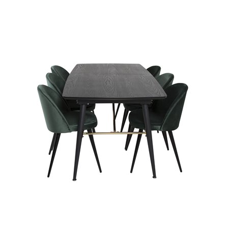 Gold Extention table - 180/220*85*H76 Black Veneer - Black legs - Brass details, Velvet Dining Chair - Green / Black_6