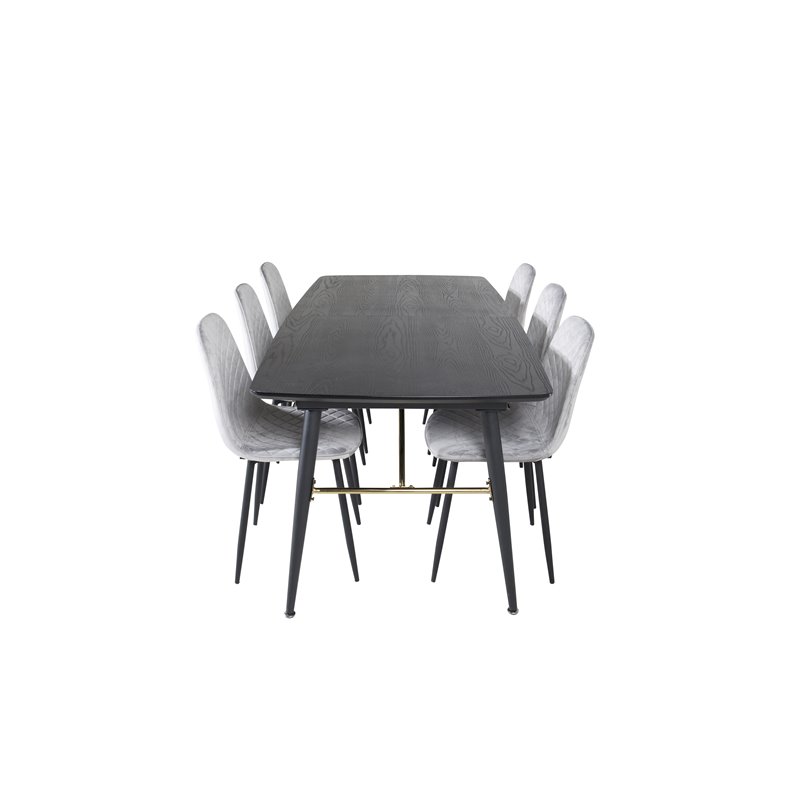 Gold Extention table - 180/220*85*H76 Black Veneer - Black legs - Brass details, Polar Diamond Dining Chair - Black Legs - Grey 