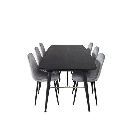 Gold Extention table - 180/220*85*H76 Black Veneer - Black legs - Brass details, Polar Diamond Dining Chair - Black Legs - Grey 