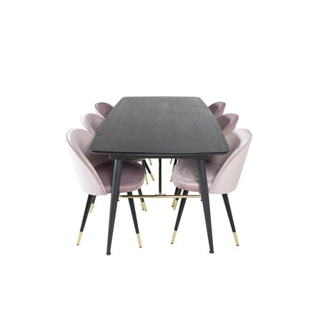 Gold Extention table - 180/220*85*H76 Black Veneer - Black legs - Brass details, Velvet Dining Chair Brass - Pink / Black_6