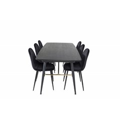 Gold Extention table - 180/220*85*H76 Black Veneer - Black legs - Brass details, Polar Dining Chair - Black legs / Black Velvet 