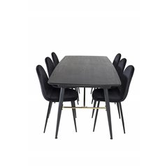 Gold Extention table - 180/220*85*H76 Black Veneer - Black legs - Brass details, Polar Dining Chair - Black legs / Black Velvet 