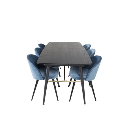 Gold Extention table - 180/220*85*H76 Black Veneer - Black legs - Brass details, Velvet Dining Chair - Blue / Black_6