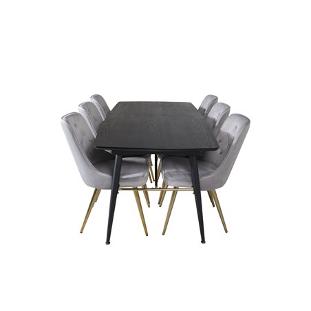 Gold Extention table - 180/220*85*H76 Black Veneer - Black legs - Brass details, Velvet Deluxe Dining Chair - Light Grey / Brass