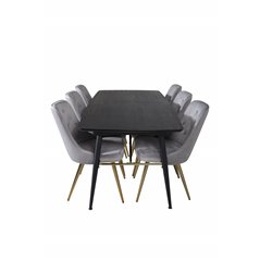 Gold Extention table - 180/220*85*H76 Black Veneer - Black legs - Brass details, Velvet Deluxe Dining Chair - Light Grey / Brass
