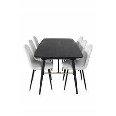 Gold Extention table - 180/220*85*H76 Black Veneer - Black legs - Brass details, Polar Fluff Dining Chair - Black Legs - White T