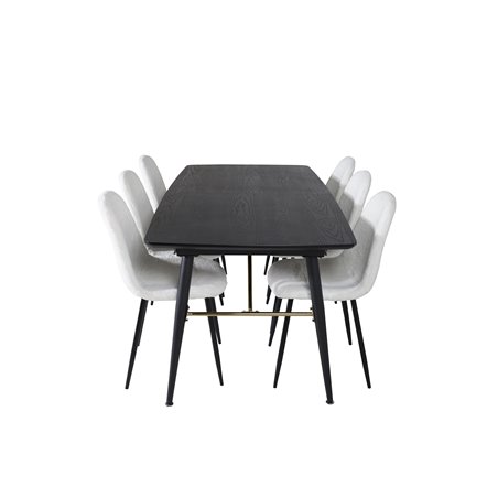 Gold Extention table - 180/220*85*H76 Black Veneer - Black legs - Brass details, Polar Fluff Dining Chair - Black Legs - White T
