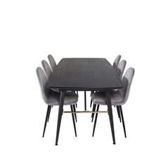 Gold Extention table - 180/220*85*H76 Black Veneer - Black legs - Brass details, Polar Dining Chair - Black legs / Light Grey Ve