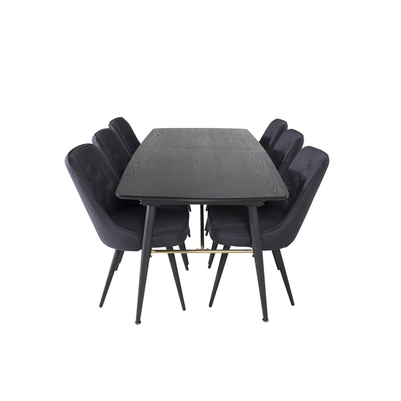 Gold Extention table - 180/220*85*H76 Black Veneer - Black legs - Brass details, Velvet Deluxe Dining Chair - Black Legs - Black