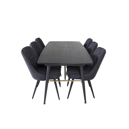 Gold Extention table - 180/220*85*H76 Black Veneer - Black legs - Brass details, Velvet Deluxe Dining Chair - Black Legs - Black